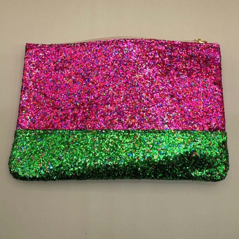 Ipsy Glam Bag Pink Green Glitter Pouch Makeup Bag Gold‎ Ball Zipper NWT